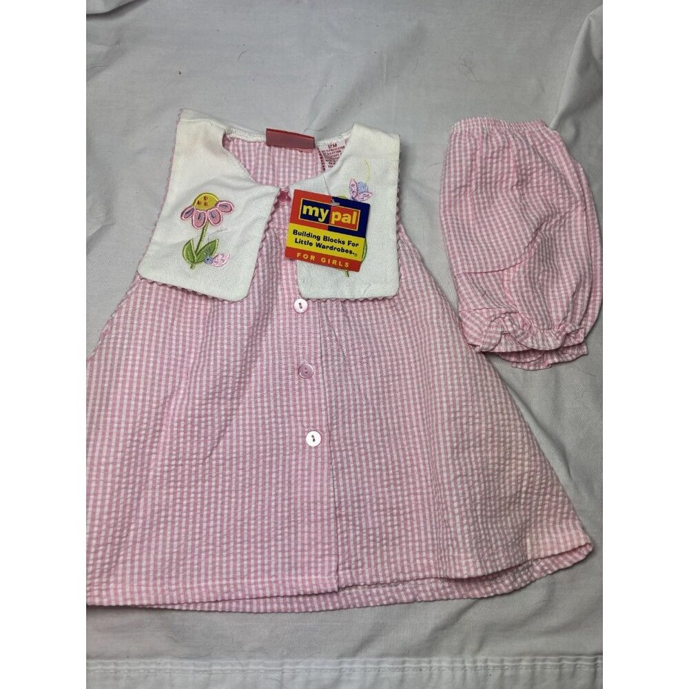 Vintage Baby Girl / Doll Clothes Dress 12 Mos Pink White Gingham Lace USA 90s